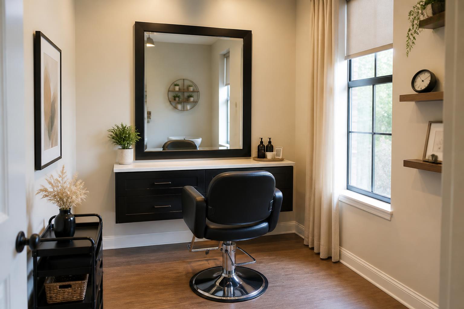 Private salon suite in Forest Park, Georgia with a styling chair, large mirror and styling station